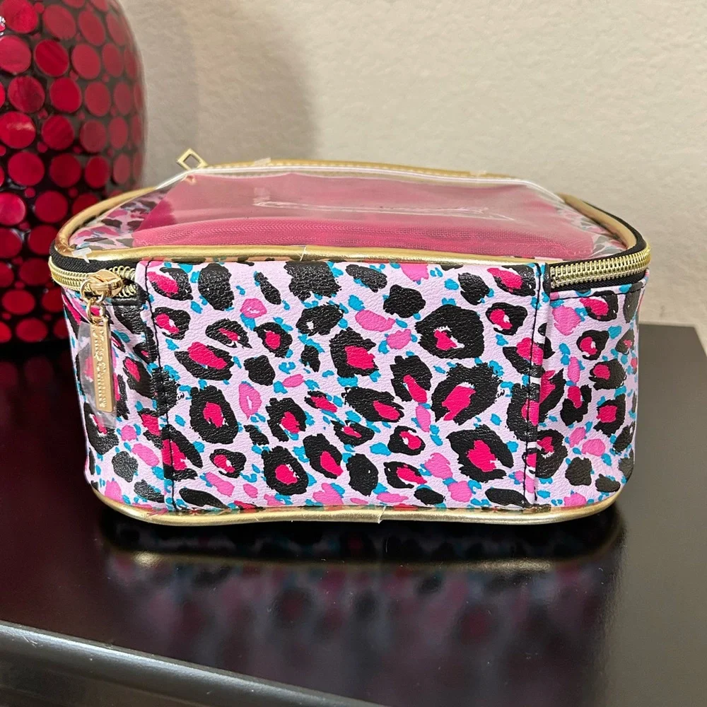 Juicy Couture Pink Leopard Print Cosmetic Case with Gold Trim